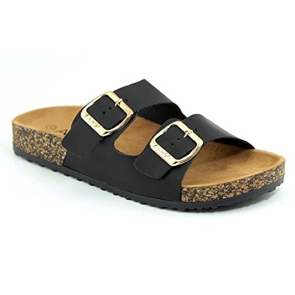 SIZE 6 🖤 black strap buckle sandals slip on tan - Picture 3 of 3